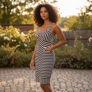 Bebe Black & White Striped Bodycon Mini Dress Size S 🖤✨ Bold Chic